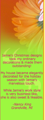 Jamie Bloomquist is an expert Christmas and holiday decorator in Grand Rapids Michigan. She sets up homes with holiday trimmings, a stressful and time consuming job for most - but fun for her! Jamie's high energy personality and spunky nature make it a blast to decorate for the holidays. She can assist you or do the complete job on her own; she can use what you have and create a whole new look - or she can start from scratch. Jamie will work with you to incorporate your unique holiday style and make your home beautiful.  